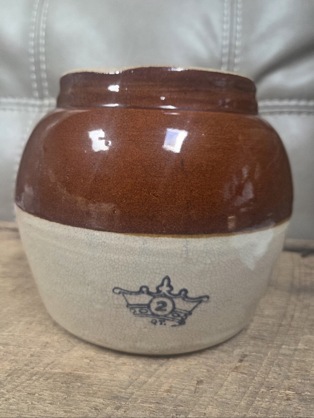 Vintage Robinson Ransbottom Blue Crown 2 QT Stoneware Bean Pot Crock USA